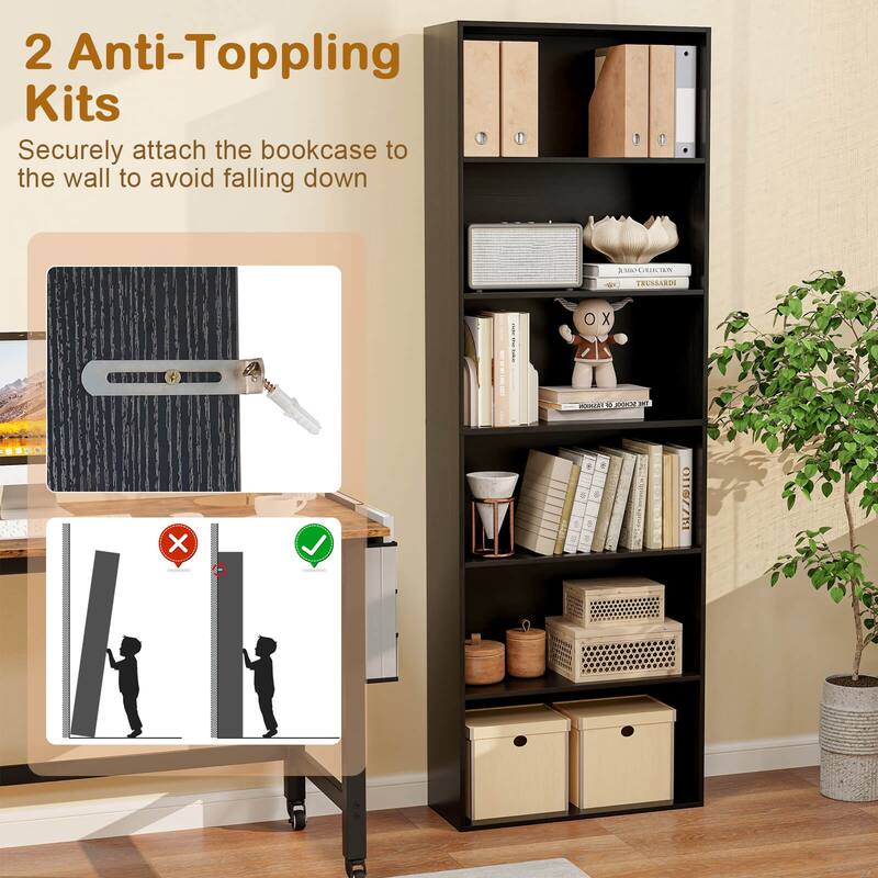 Costway 70" Tall 6-Tier Bookcase with 6 Open Shelves Anti-Toppling - See Details