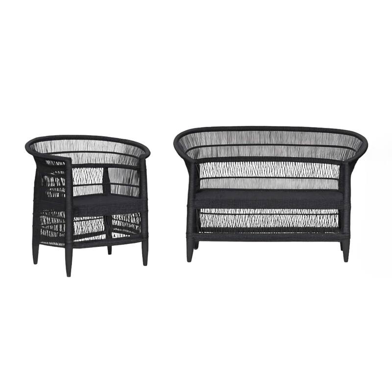 100% Handwoven Natural Rattan 2-Piece Indoor Seating Set with Chair and Loveseat, Solid Wood Frame, Boho Farmhouse