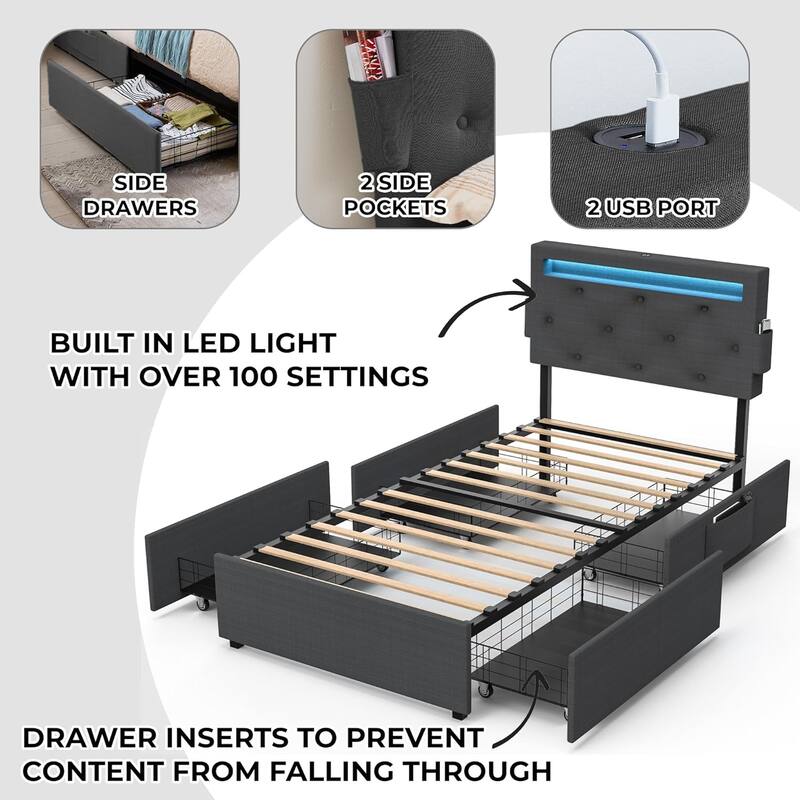 Dark Grey Twin Size Platform Bed with 4 Storage Drawers,USB Charging Station and LED Lights