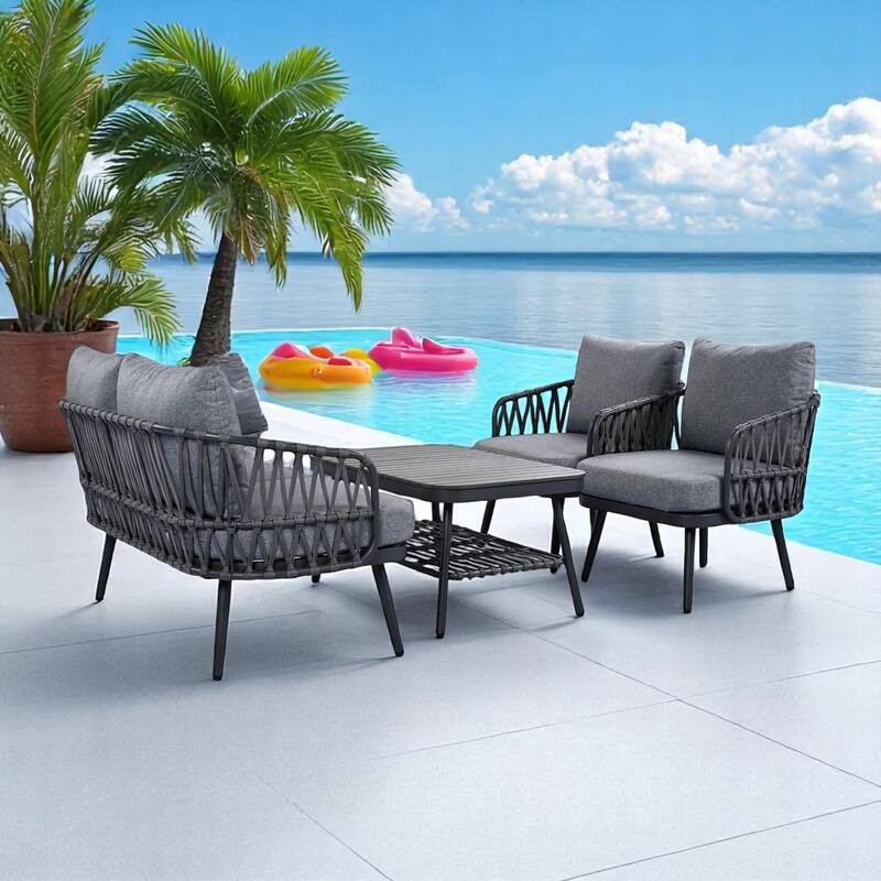 4-Piece Outdoor Conversation Set with Woven Rope U-Shaped Backrest, Acacia Wood Coffee Table, Water-Repellent Cushions