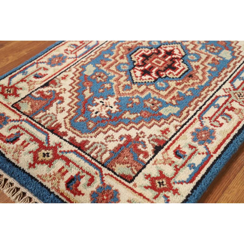 Hand Knotted Oriental 100% Wool Carpet Traditional Medallion Navy Blue & Blues Heriz (serapi) Area Rug - 3' 0'' X 2' 0''