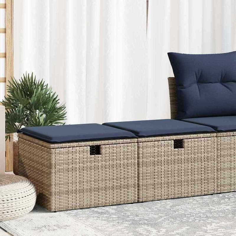 vidaXL Patio Sofa Set with Cushions Modular Stools 2 Piece Poly Rattan Acacia - 21.7 x 21.7 x 14.6 - Grey