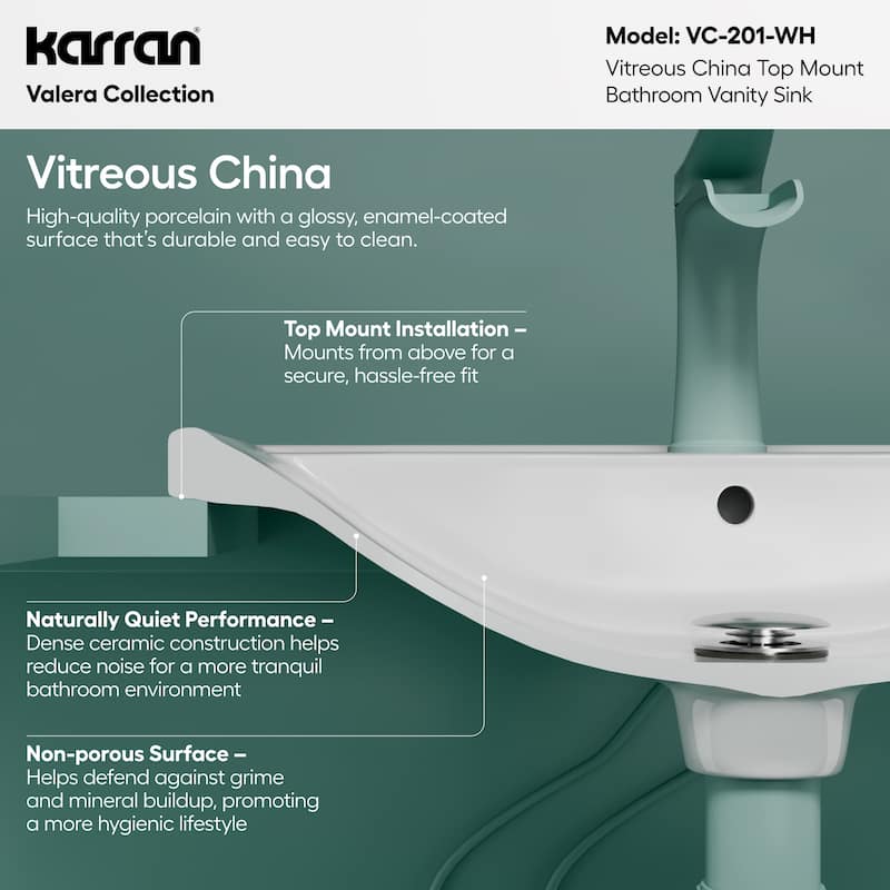 Karran Valera 21" Top Mount Vitreous China Bathroom Sink in White with Overflow Drain