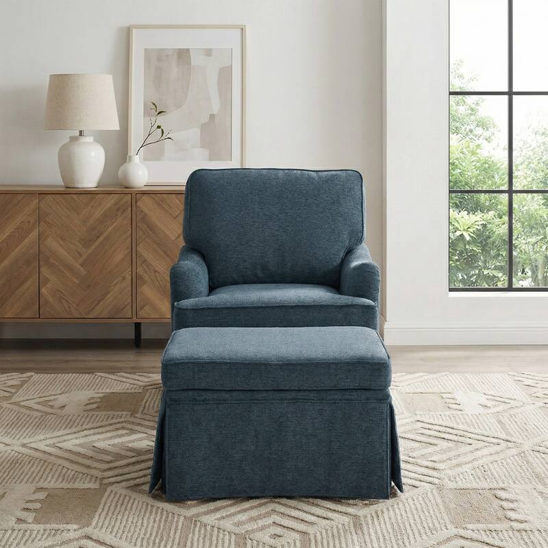 Chenille Swivel Accent Chair Storage Ottoman Set with Nailhead Trim Skirt