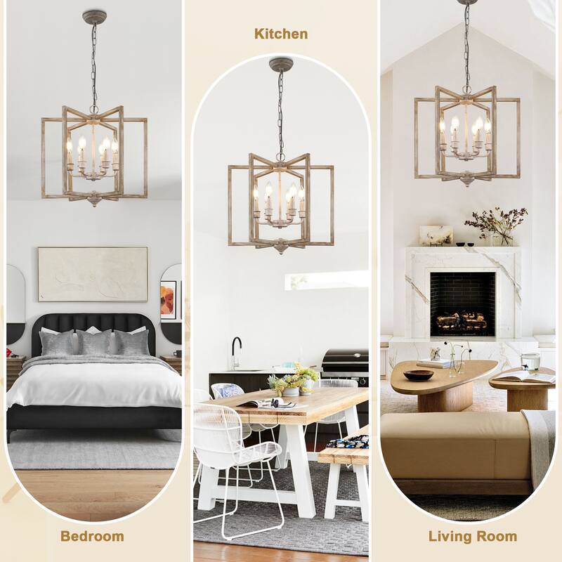 Bella Depot 15.7" 6-Light Wood Chandelier Adjustable Pendant Light for Dining Room Bedroom