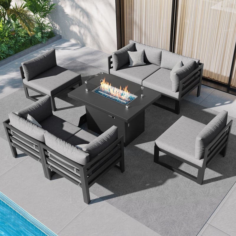 FINCATI 7 Pcs Patio Furniture Set Outdoor Sectional Sofa Set with Firepit Table - 7 Pieces - Light Grey