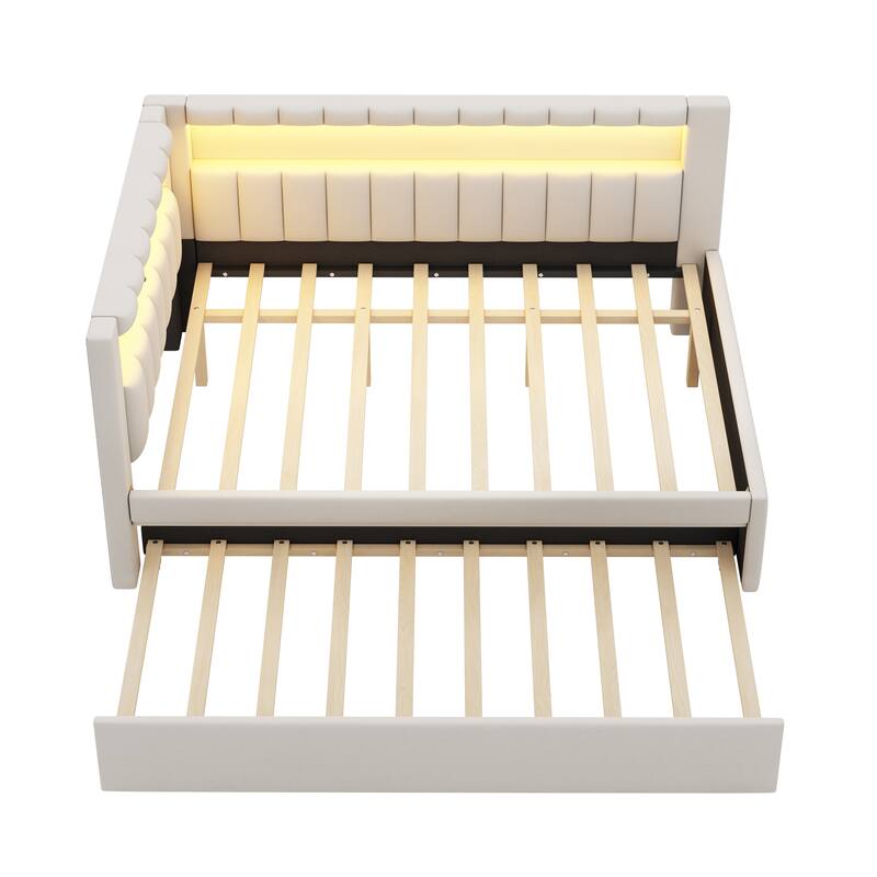 Roomfitters Full Size Upholstered Platform Bed with USB Ports, LED Light Belt and Twin Trundle, Modern Sleeper Bed, White