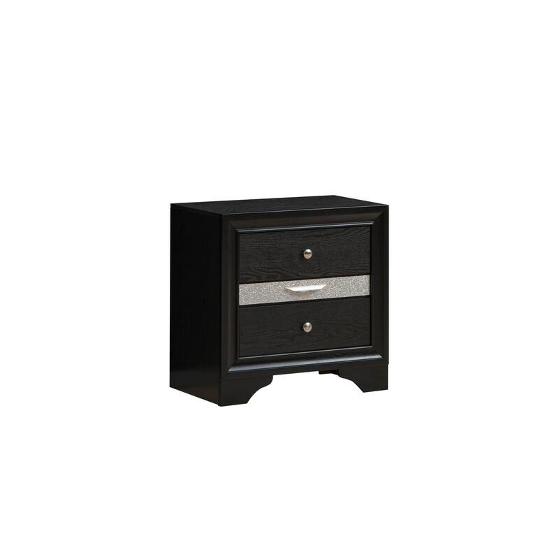 Black Laminate Nightstand with Silver Trim and Nickel Handles