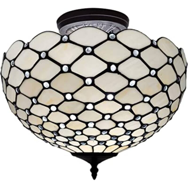 HomeRoots Black and White Tiffany Style Two Light Semi Flush Ceiling Lamp - 16' X '13' X '16