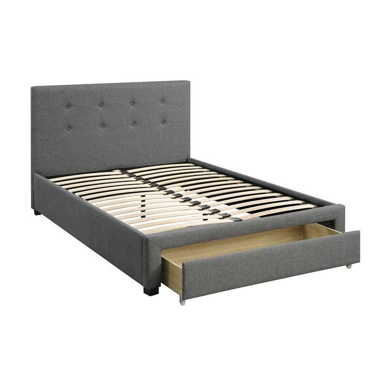 Full Size Modern Bed with Tufted Headboard and Storage Drawer, Grey Polyfiber Finish