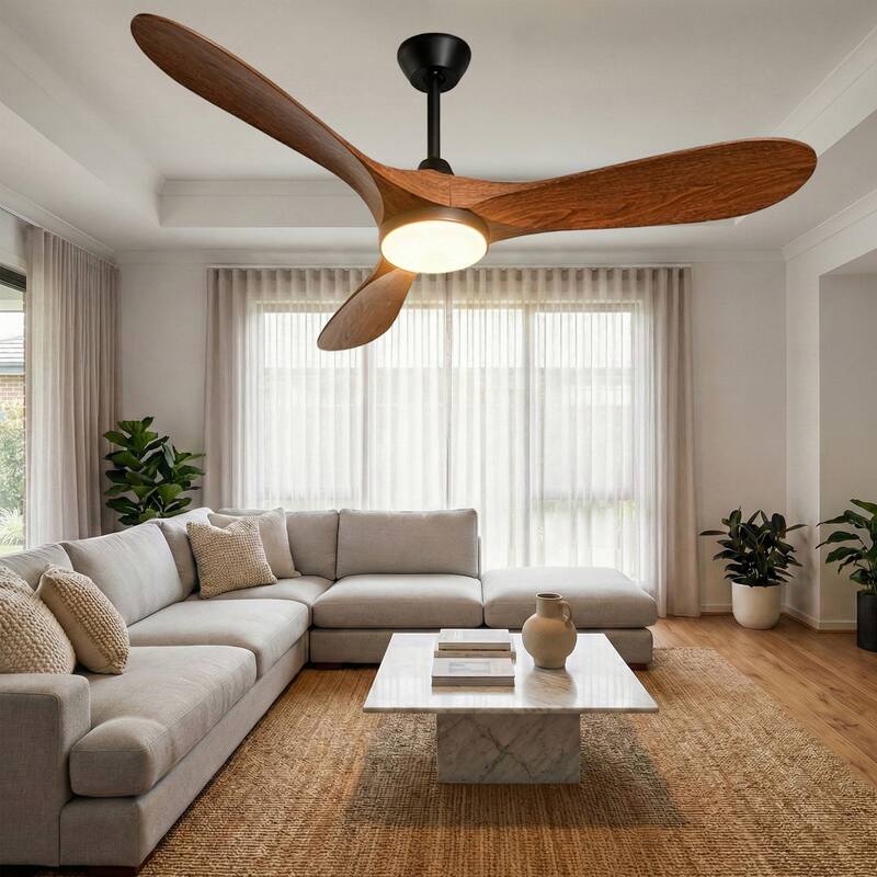 52" Flush Mount Wood Ceiling Fan with Dimmable LED Light and Remote Control
