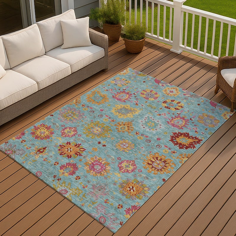 Machine Washable Indoor/ Outdoor Traditional Kashan Chantille Rug - Teal - 8' x 10'