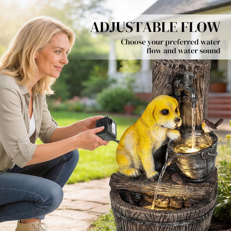 Outsunny 22" Outdoor Fountain with 3-Tier Puppy Theme, Cascading Waterfall Feature with LED Lights and Adjustable Flow