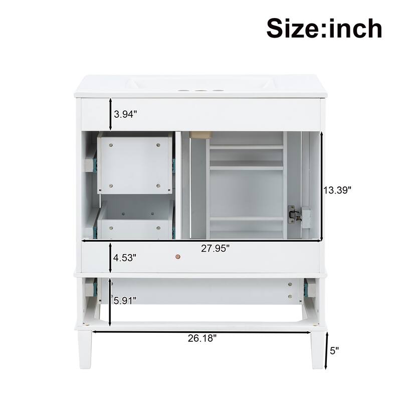 30" Modern Bathroom Vanity with Ceramic Sink, Solid Wood Frame, 1 Door & 3 Soft-Close Drawers, Freestanding