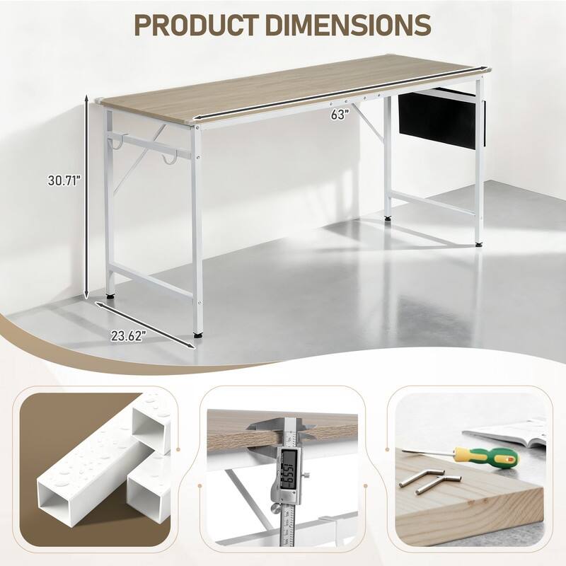 63” Computer Desk for Home Office ,Study Writing Desk with Storage, Side Hooks & Adjustable Feet