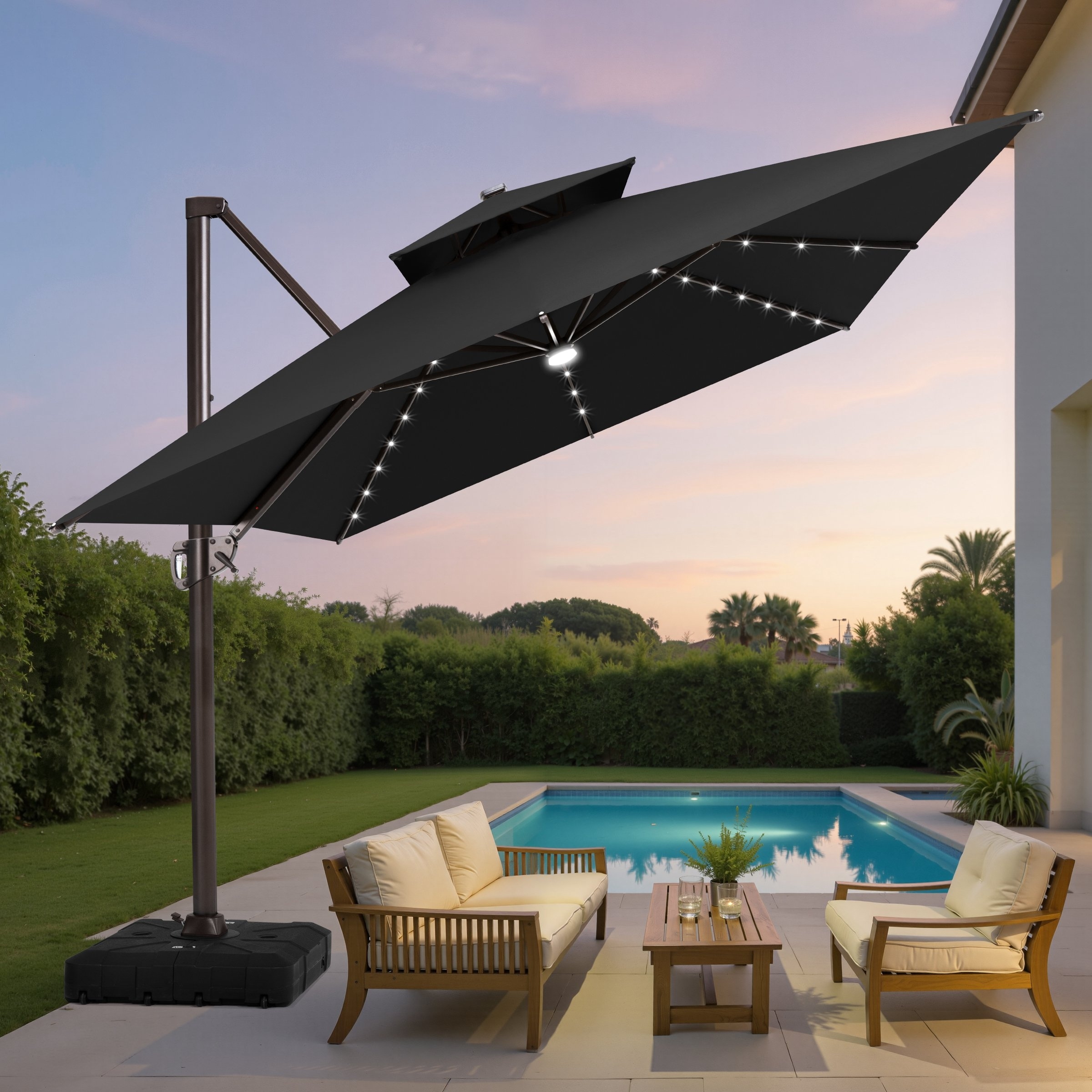 10 FT x 13 FT Outdoor Solar LED Lighted Patio Cantilever Umbrella with Lighted 350 lbs Base