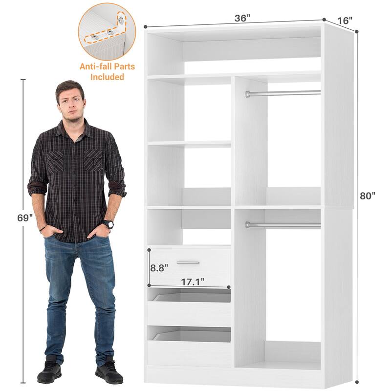 36" Freestanding Closet System With 3 Drawers and 2 Hanging Rods,Multi-Purpose Wardrobe Closet Rack