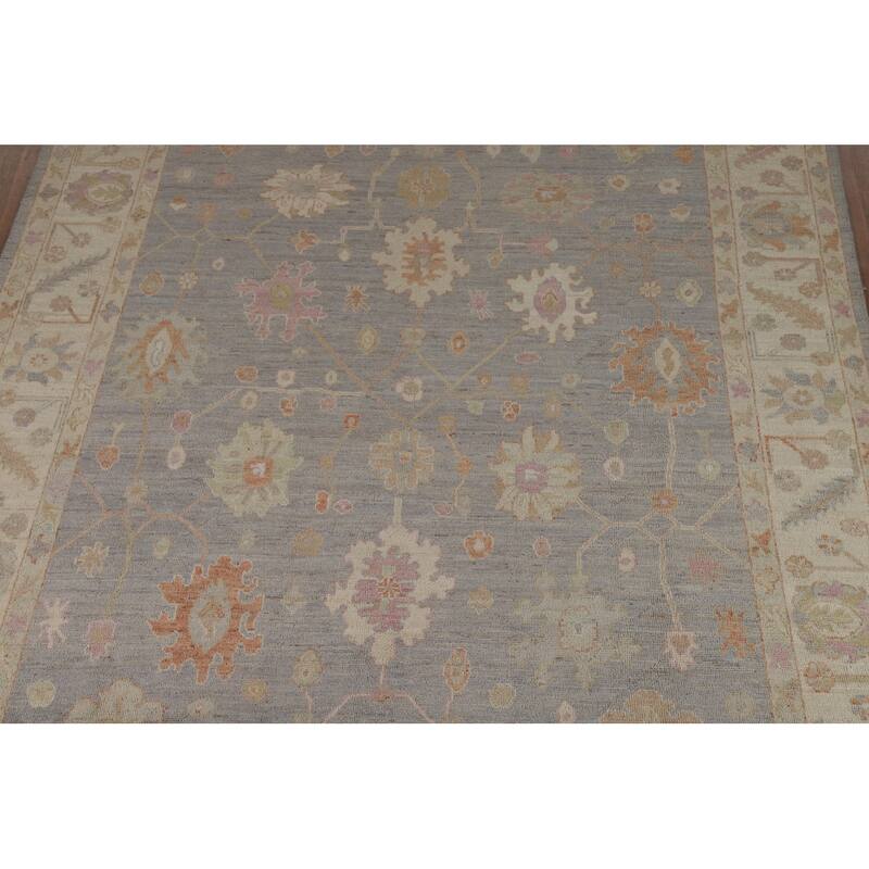 Vegetable Dye Oushak Turkish Area Rug Handmade Blue Floral Wool Carpet - 7'11" x 10'0"