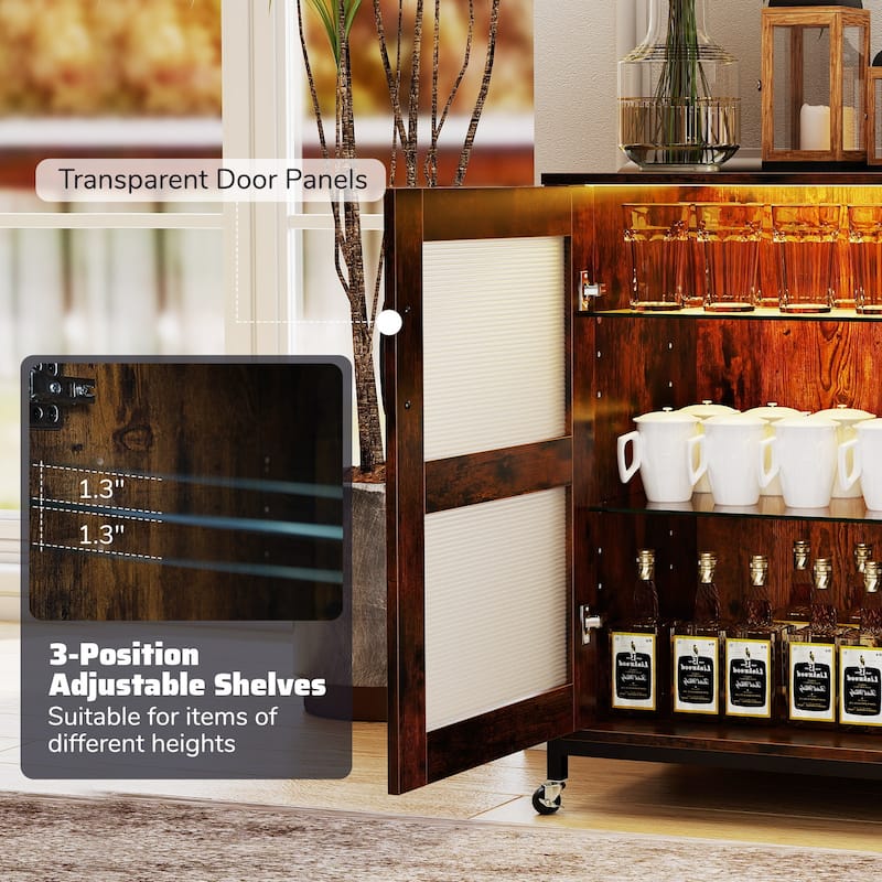 Rustic Brown Mobile Wine Cabinet with LED Lighting, Remote Control Glass Door and Sturdy Metal Frame - 42.5" × 16" × 32"