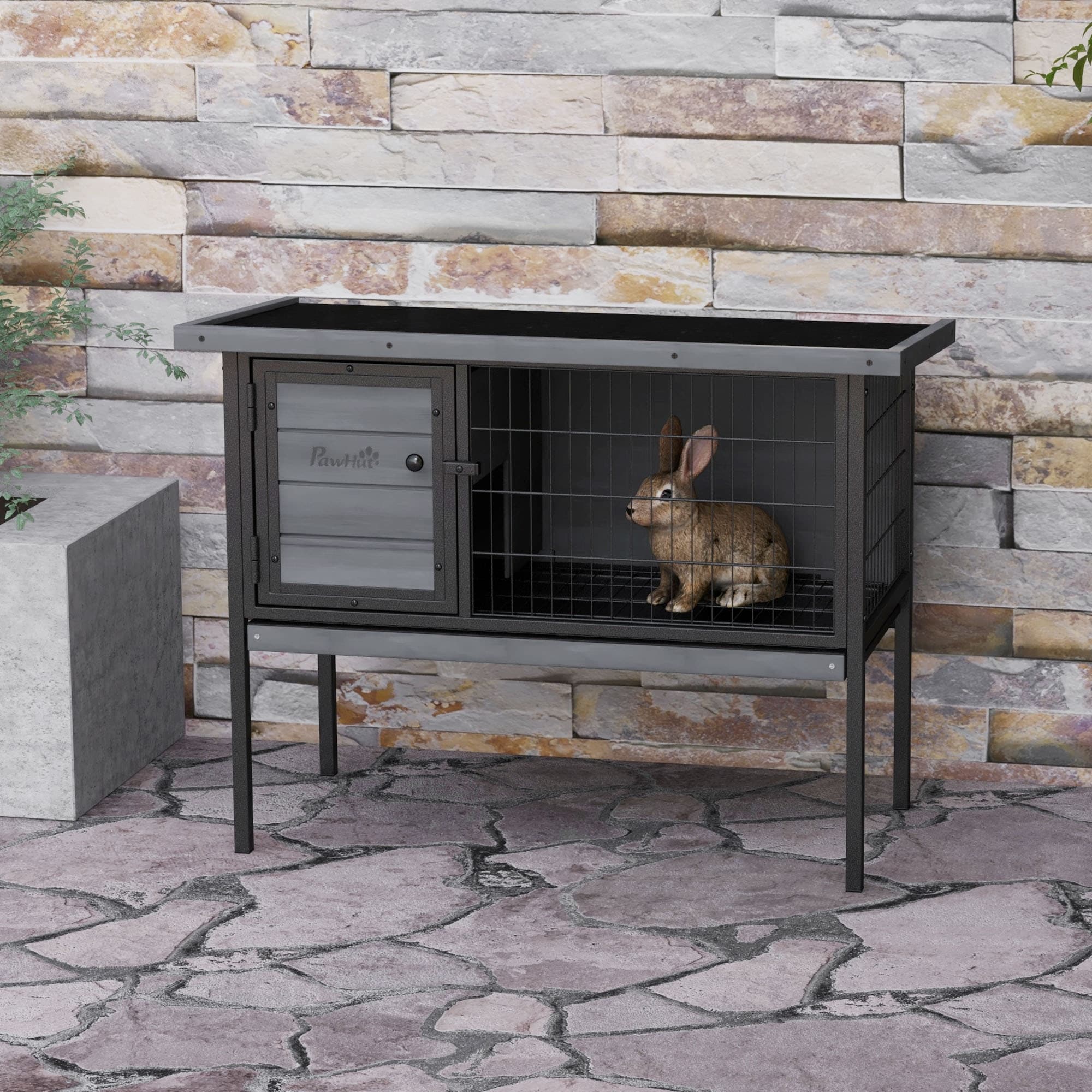 PawHut Rabbit Hutch Elevated Bunny Cage Small Animal Habitat with Metal ...