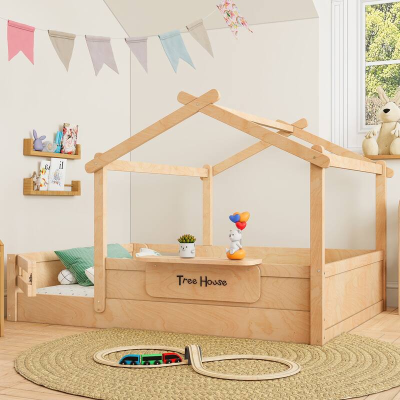 Full Size Floor Bed with Guardrails and Roof, Kids House Floor Bed with a Small Built-in Tray and Free-installed Signboard - Natural
