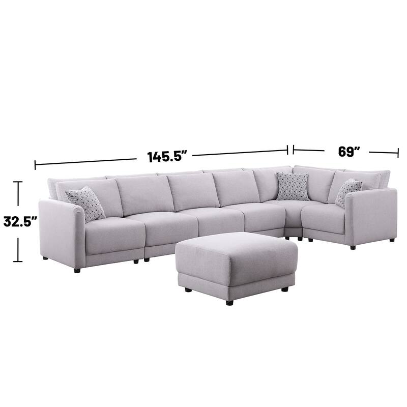 7 Piece Upholstered Modular Sectional Sofa with Ottoman in Light Gray