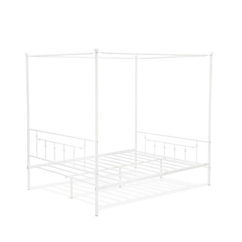 Queen Bed Frame Canopy Metal - White Powder Coated Bed with Headboard Footboard - Modern Bedroom Furniture