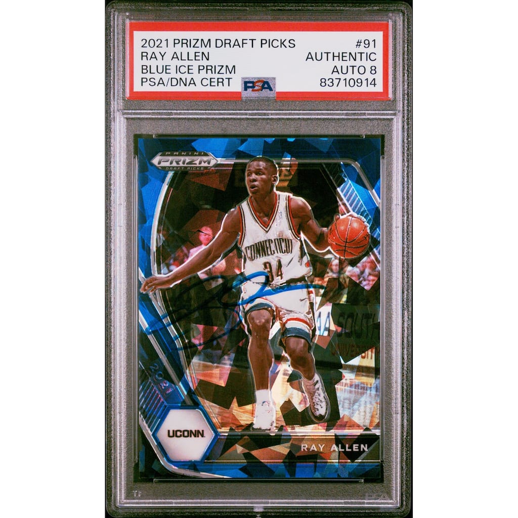 Ray Allen 2021 Panini Prizm DP Blue Ice Signed Card #91 Auto Graded PSA 8 60/99 - 8'6" x 11'6"