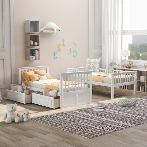 slide 2 of 9, Twin over Twin Bunk Bed with Drawers, Convertible Beds,White White