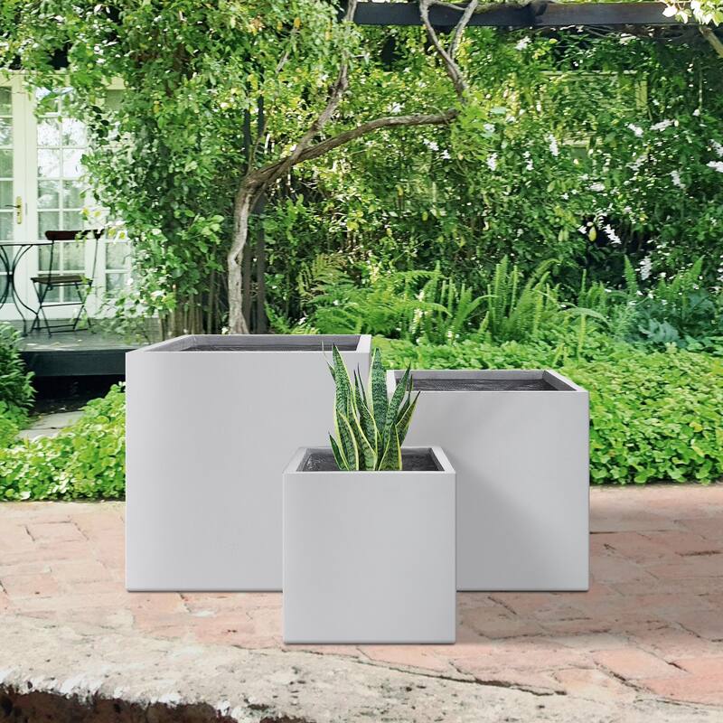 Plantara 16", 12" & 10" L Square Solid White Concrete Plant pot(Set of 3), Modern Planter, Outdoor Garden Flower pot for