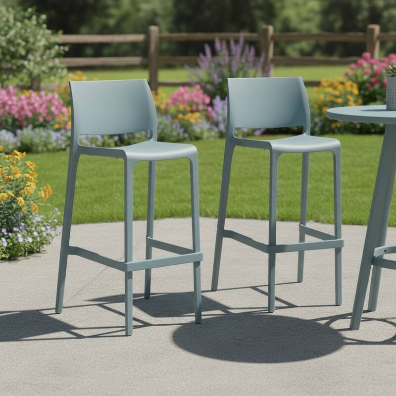HomeRoots Set of Two 30" Baby Blue Heavy Duty Plastic Low Back Outdoor Bar Height Chairs - Baby Blue