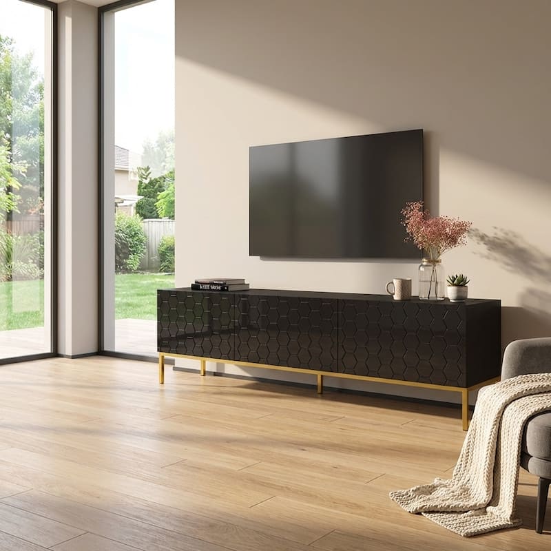 Meble Furniture Hexa 01 75" TV Stand with High Gloss Finish, for up to 85" TVs - 74.8"W x 20.3"H