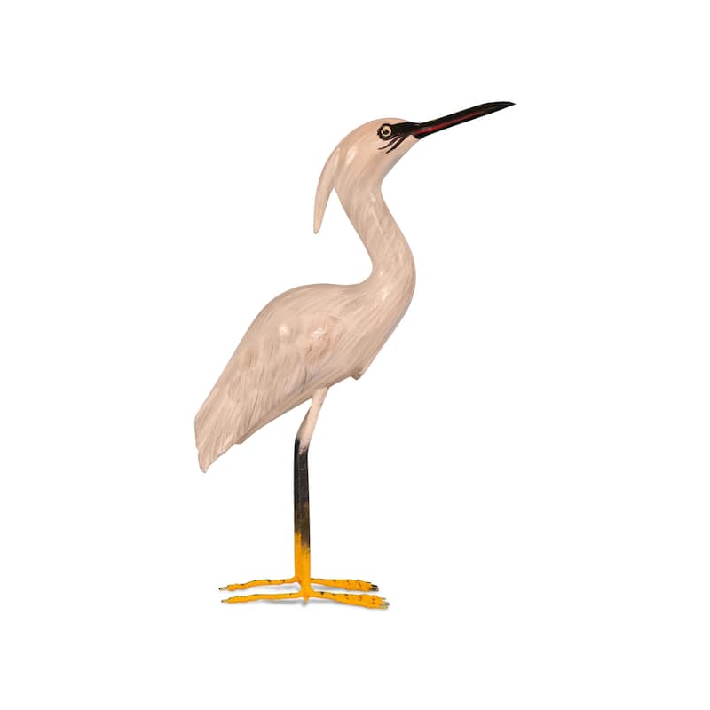 Wood Snowy Egret Heron Figurine - Hand Carved Coastal Bird Sculpture, Elegant Shore Decor - 11" tall x 7" wide x 2.2" deep