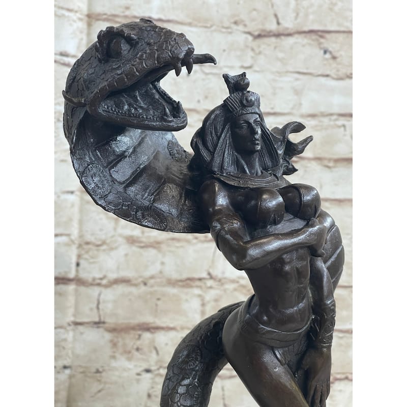 Muscular Woman In Egyptian Headdress W/ Cobra Imitative Snake Fantasy Figure Bronze Sculpture