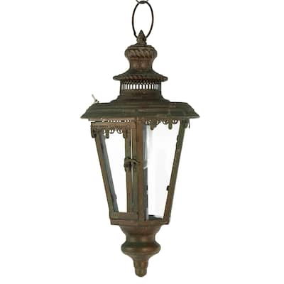 Metal Floral Lighthouse Style Decorative Candle Lantern with Ring Handle - Brown - Roche River Decor - 8"W x 8"L x 16"H