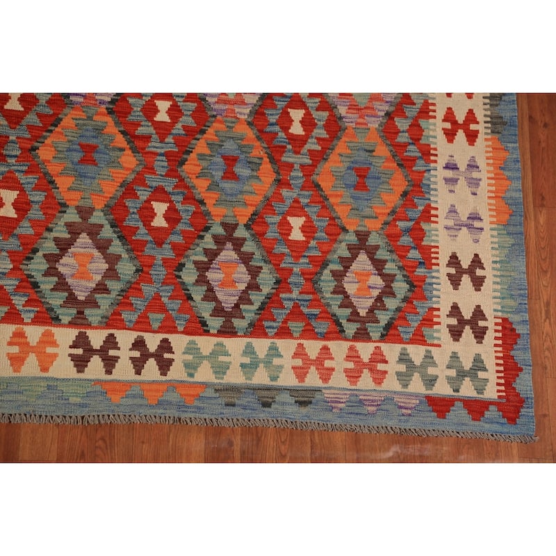 All-Over Orange Kilim Oriental Area Rug Hand-Woven Wool Carpet - 9'5"x 11'2"