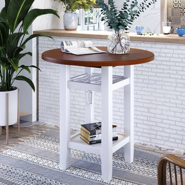 slide 2 of 8, Round Counter Height Kitchen Dining Table with Storage Shelf and Glass Holder, Cherry+White
