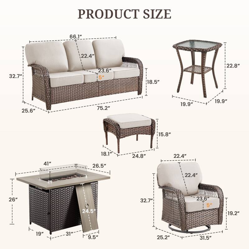 Pocassy Patio Sofa Ottoman Swivel Chair Table with Fire Table Funiture Set.