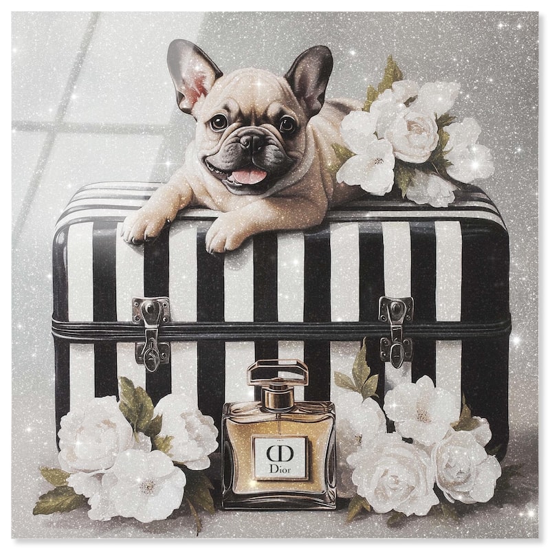 Frenchie Luggage Flowers Acrylic by Art Remedy, Ready to Hang - 20" x 20"