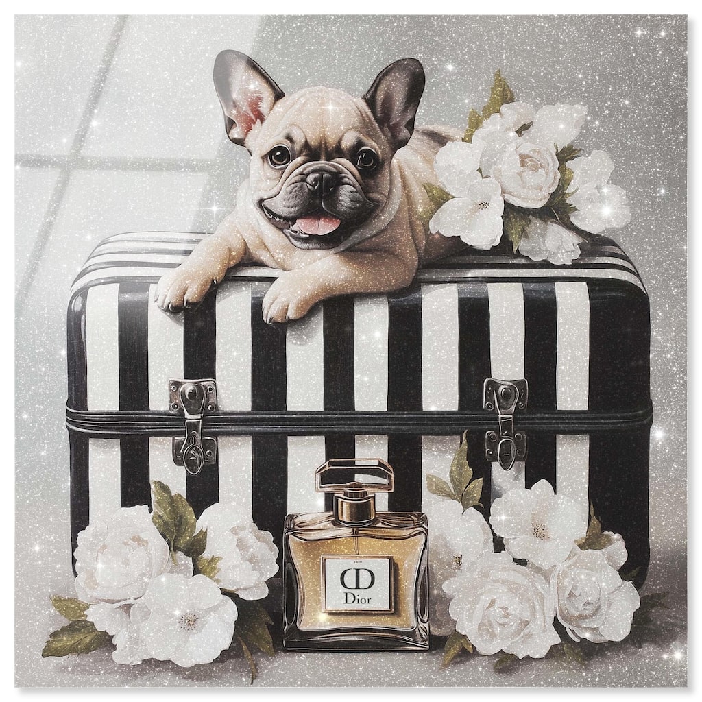 Frenchie Luggage Flowers Acrylic by Art Remedy, Ready to Hang
