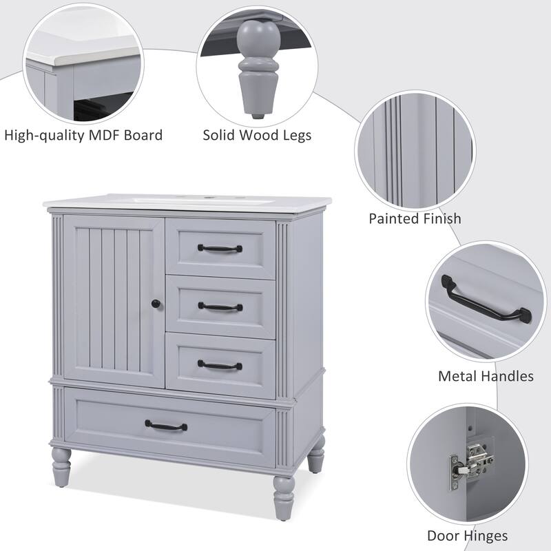 Modern Bathroom Vanity with Semilune Ceramic Sink, Storage Cabinet, and Adjustable Foot Pads - 30in L