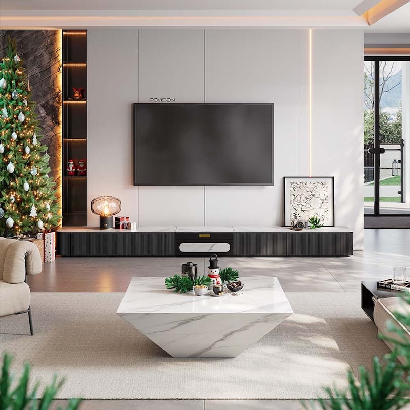 Modern TV Stand for Projector, Sintered Stone TV Cabinet with Drawers for Home Theater, Oak Veneer MDF, Black & White