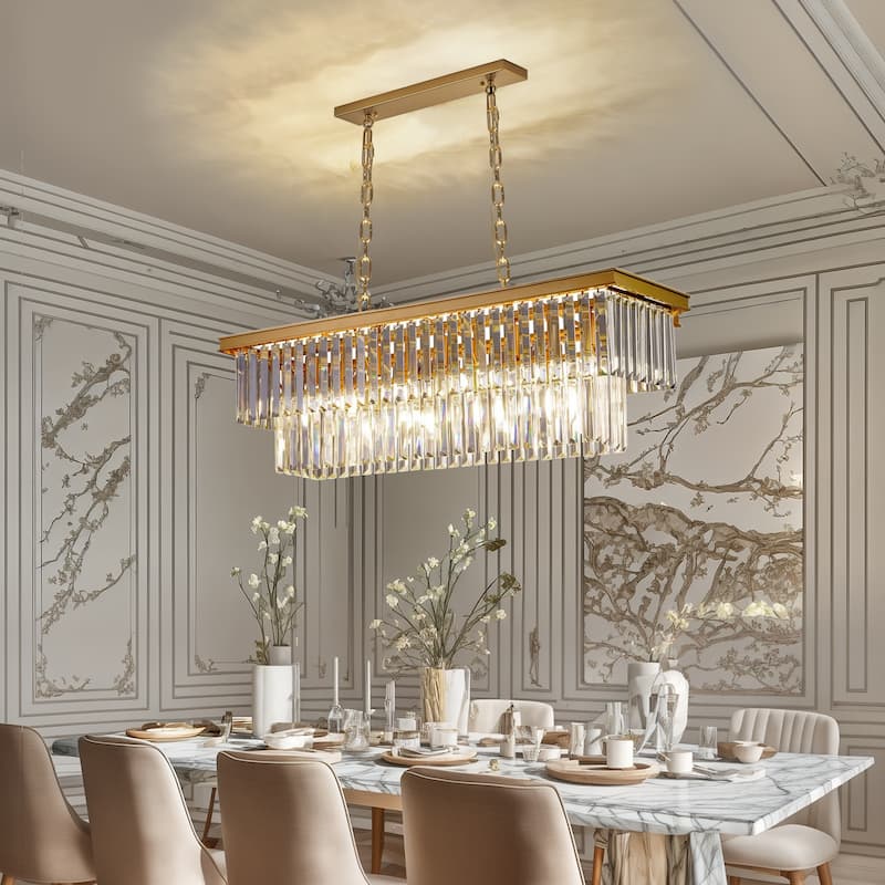 Gold Rectangle Crystal Chandelier, Luxury Pendant Light for Dining Room, Bulbs Included
