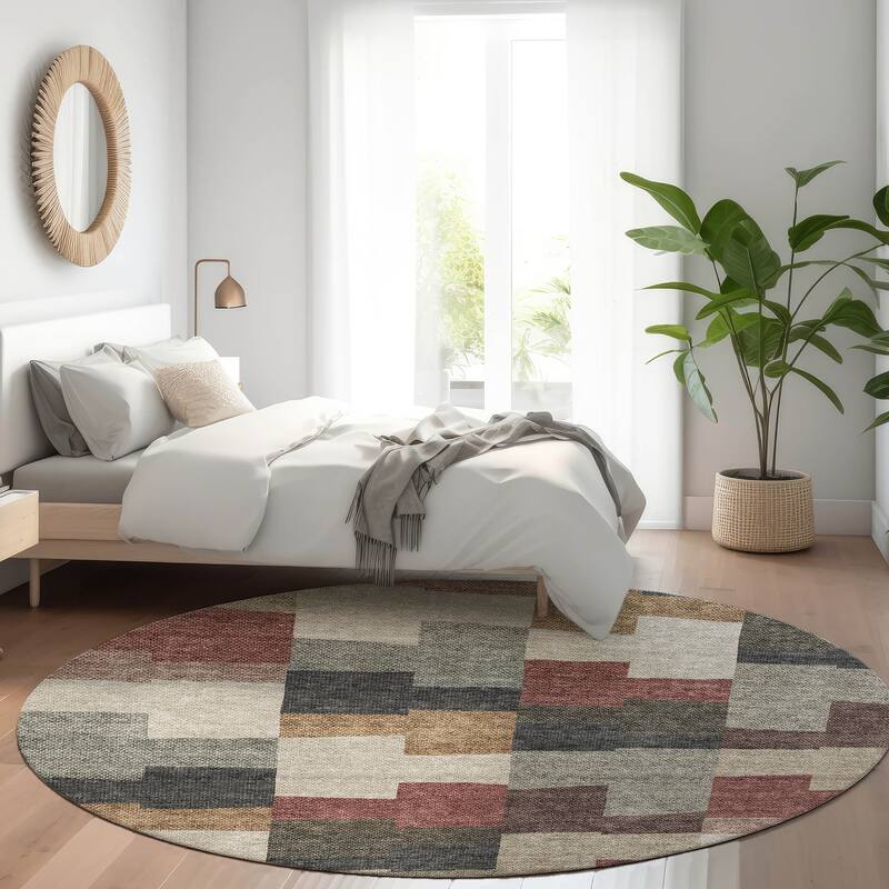Machine Washable Indoor/ Outdoor Chantille Contemporary Blocks Rug - Paprika - 8' x 8'