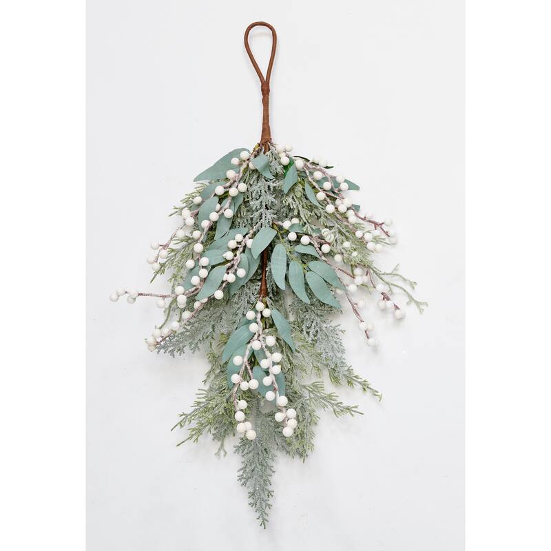 24" Artificial Christmas White Berry and Leaf Teardrop Swag - 24