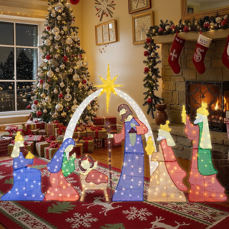 Nativity Scene Christmas Light Set, Pre-Lit Outdoor Decoration - Gold