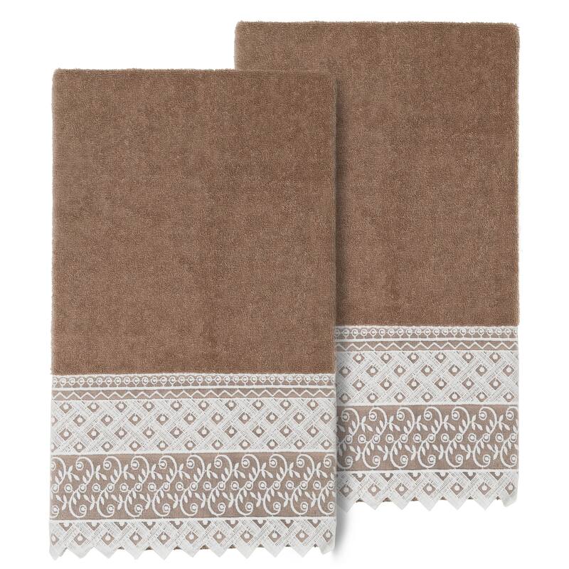 Authentic Hotel and Spa Turkish Cotton Aiden 2PC White Lace Embellished Bath Towel Set - Latte