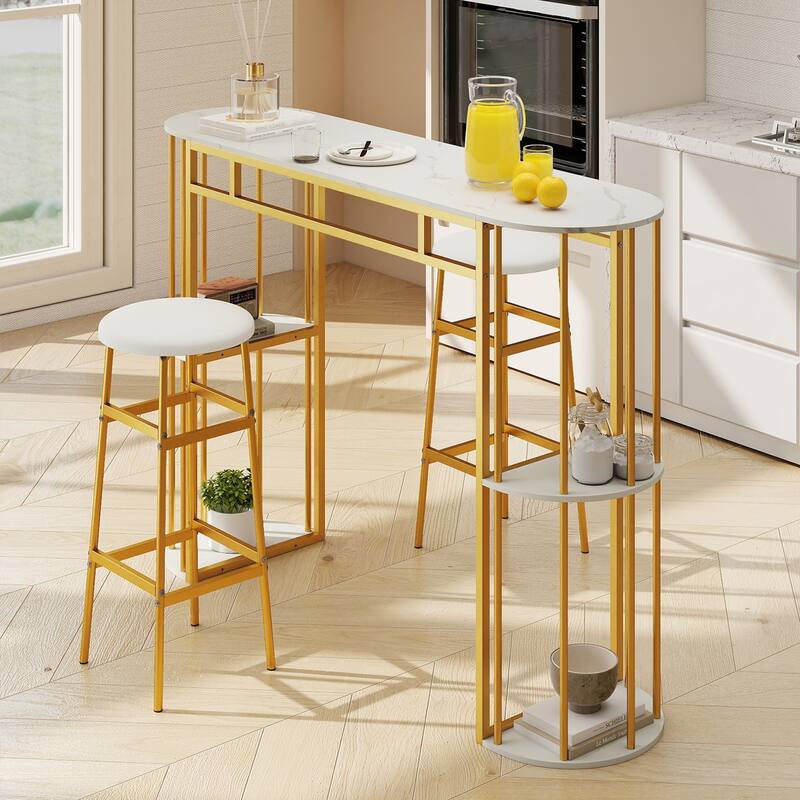 Gymax 60'' Long Bar Table Narrow Pub Table w/Faux Marble Tabletop &