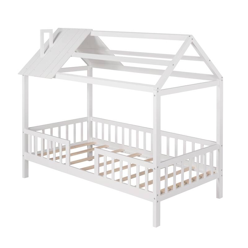 Twin Size House Bed with Fence and Roof Playhouse Design Solid Wood Frame