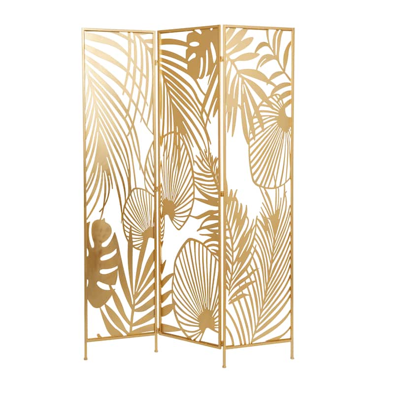 Metal Foldable Partition Cutout Palm Leaf 3 Panel Room Divider Screen - Gold - Roche River Decor - 1"Wx48"Lx71"H